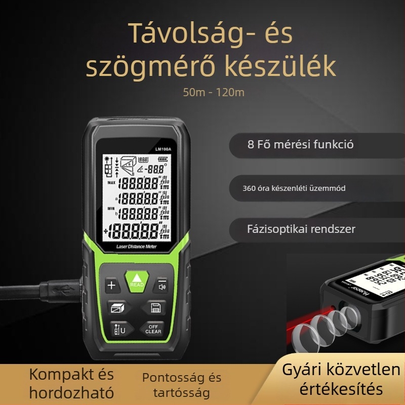 Kézi lézeres távolságmérő (tartomány 0,05–120 m, pontosság ±2 mm, IP54 védelem, méretei 112×50×25 mm, súlya 231 g)