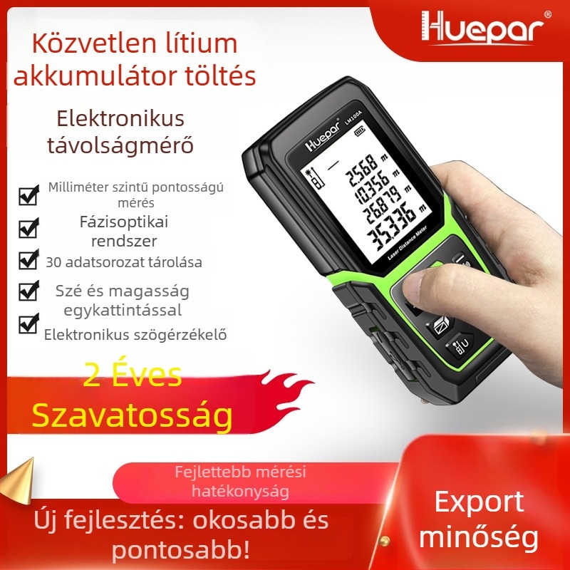 Kézi lézeres távolságmérő (tartomány 0,05–120 m, pontosság ±2 mm, IP54 védelem, méretei 112×50×25 mm, súlya 231 g)