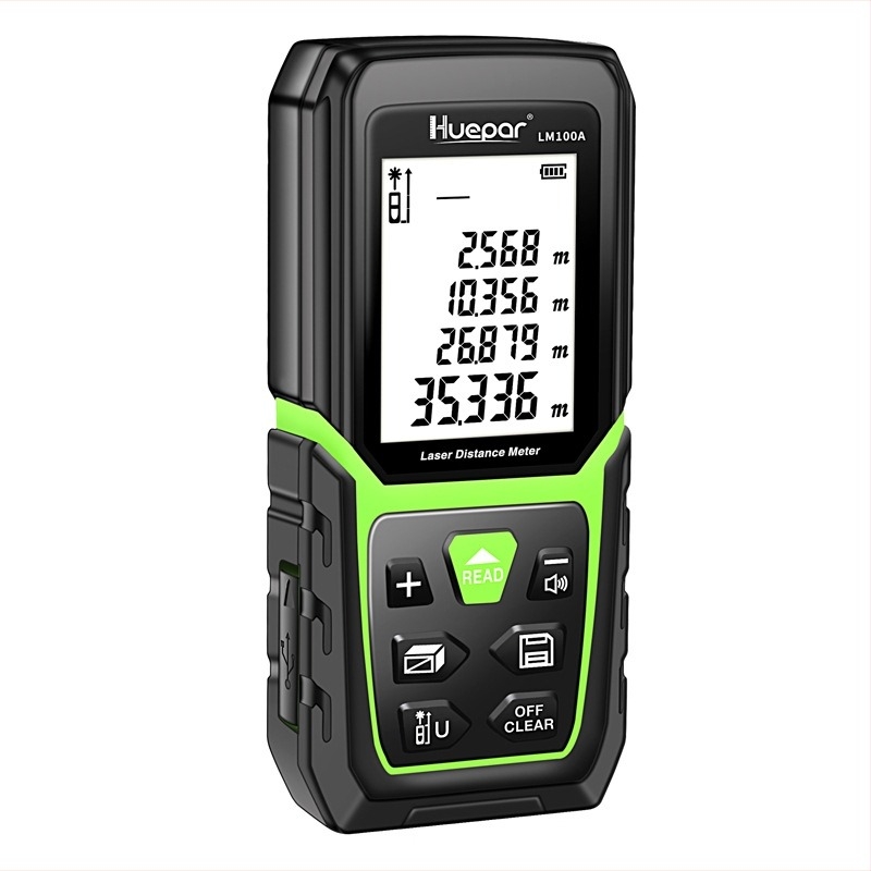 Kézi lézeres távolságmérő (tartomány 0,05–120 m, pontosság ±2 mm, IP54 védelem, méretei 112×50×25 mm, súlya 231 g)