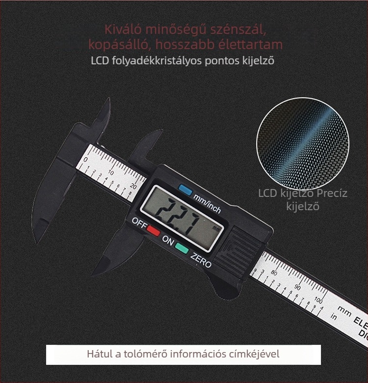 Digitális tolómérő Vernier-skálával, nagy pontosságú, 0–150 mm, kompakt mérőeszköz
