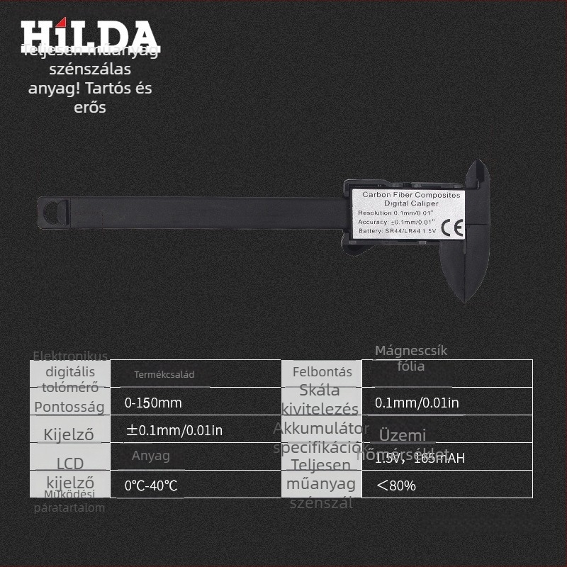 Digitális tolómérő Vernier-skálával, nagy pontosságú, 0–150 mm, kompakt mérőeszköz