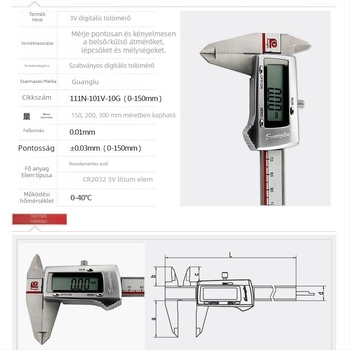 Guanglu digitális tolómérő fémből készült házzal, 3V elem, 0–150 mm