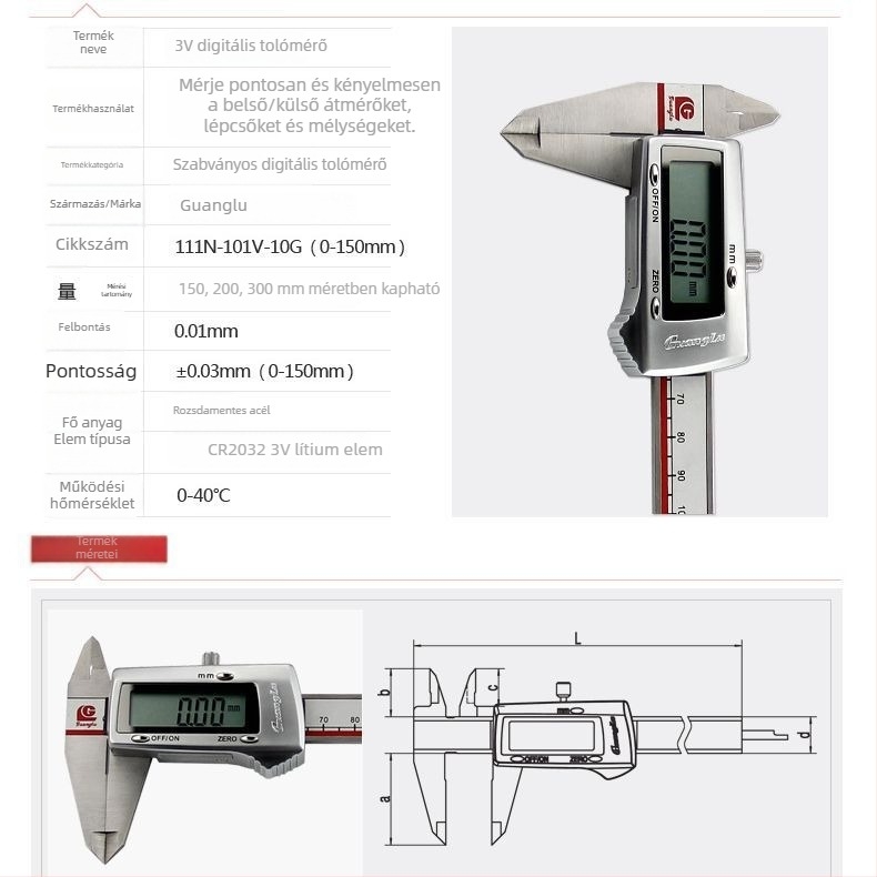 Guanglu digitális tolómérő fémből készült házzal, 3V elem, 0–150 mm