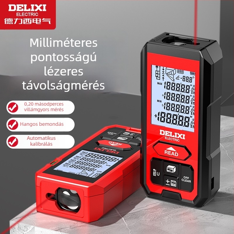 Delixi Electric lézeres távolságmérő, kézben tartható infravörös távolságmérő, digitális mérőeszköz, magas pontosságú szobaméréshez (50–120 m, ±2 mm)