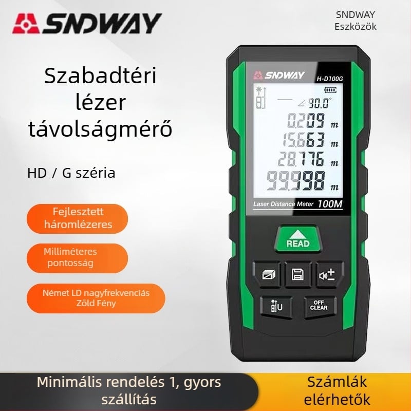 SNDWAY lézeres távolságmérő – kültéri, nagy pontosságú elektronikus mérőeszköz zöld lézerrel és infravörös méréssel