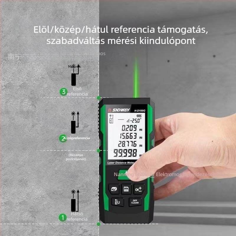SNDWAY lézeres távolságmérő – kültéri, nagy pontosságú elektronikus mérőeszköz zöld lézerrel és infravörös méréssel