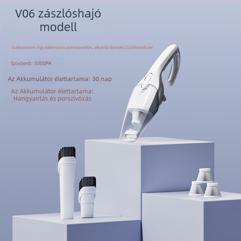 Kézi használatú porszívó autóhoz és otthonhoz — 45 W bemeneti teljesítmény, 5300 Pa szívóerő, 12 perc akkumulátor üzemidő, újratölthető