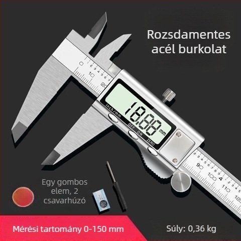 Digitális tolómérő rozsdamentes acélból, 150 mm tartomány, pontosság 0,02 mm, nettó tömeg 350 g