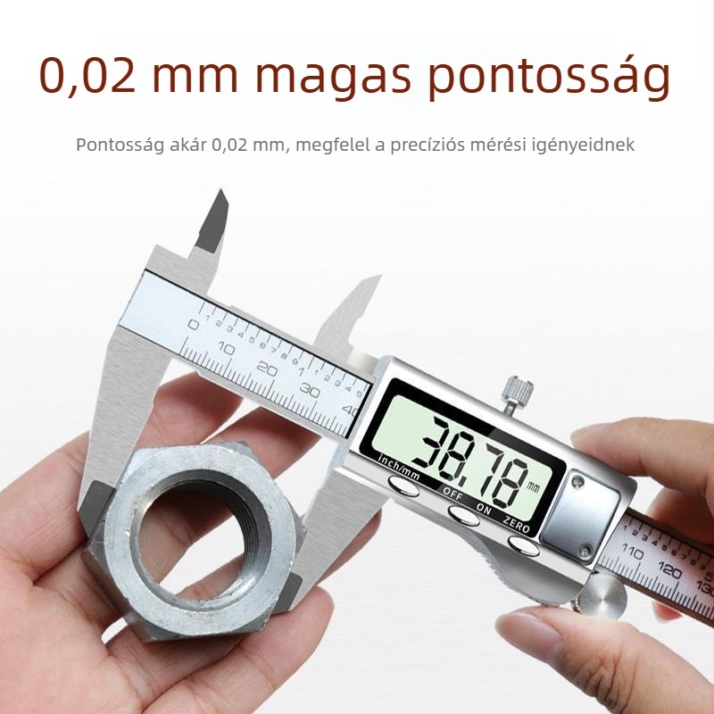 Digitális tolómérő rozsdamentes acélból, 150 mm tartomány, pontosság 0,02 mm, nettó tömeg 350 g