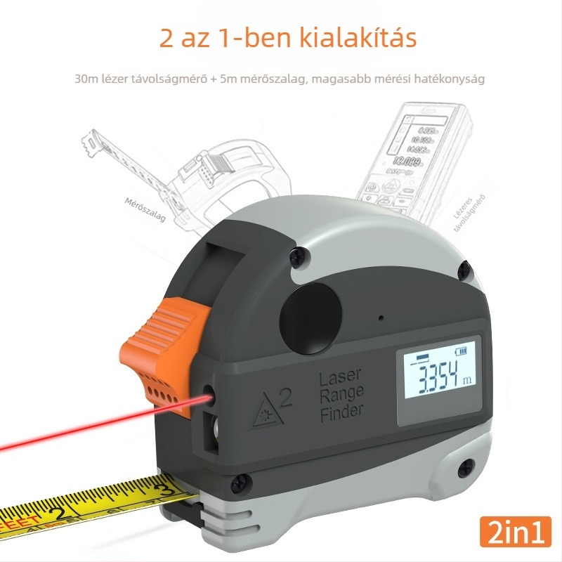 Kézben tartott lézeres távolságmérő 30+5 m tartomány, 0,01 m pontosság, ABS ház, lítium akkumulátor, otthoni dekorációhoz