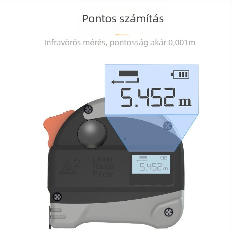 Kézben tartott lézeres távolságmérő 30+5 m tartomány, 0,01 m pontosság, ABS ház, lítium akkumulátor, otthoni dekorációhoz