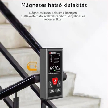 SNDWAY SW-DR60 kétirányú lézeres távolságmérő, 100 m egyirányú és 200 m kétirányú tartomány, pontosság ±2 mm + d×10 000, beltéri hossz- és magasságmérésre.