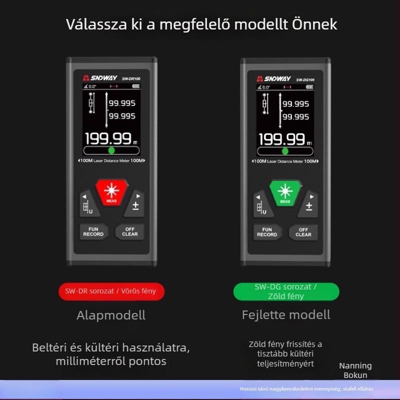 SNDWAY SW-DR60 kétirányú lézeres távolságmérő, 100 m egyirányú és 200 m kétirányú tartomány, pontosság ±2 mm + d×10 000, beltéri hossz- és magasságmérésre.