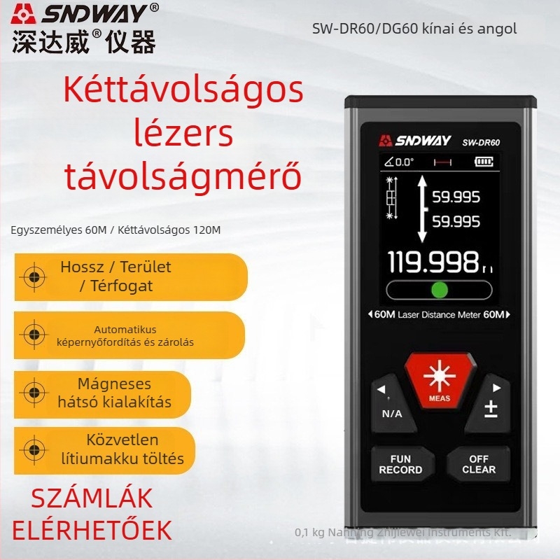 SNDWAY SW-DR60 kétirányú lézeres távolságmérő, 100 m egyirányú és 200 m kétirányú tartomány, pontosság ±2 mm + d×10 000, beltéri hossz- és magasságmérésre.