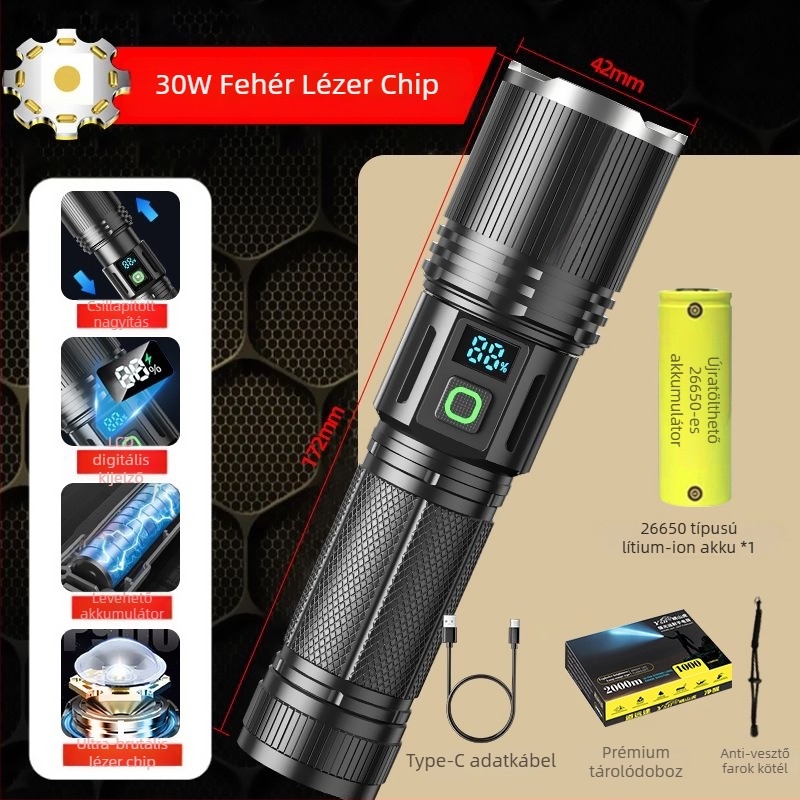LED zseblámpa mechanikus zoommal (alumínium ötvözet; 5000 mAh; 10 W; LED; hatótáv >500 m)