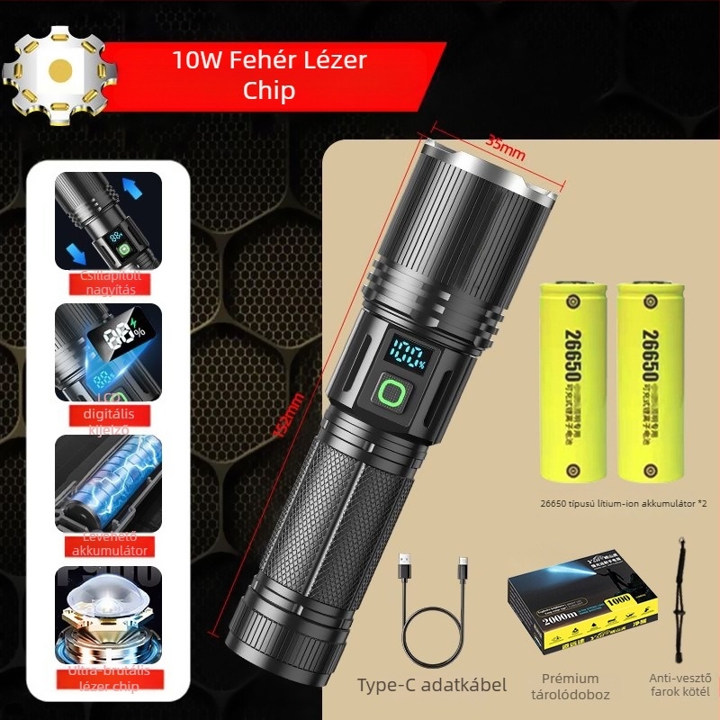 LED zseblámpa mechanikus zoommal (alumínium ötvözet; 5000 mAh; 10 W; LED; hatótáv >500 m)