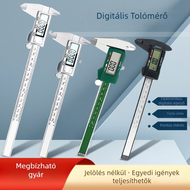 Műanyag digitális tolómérő 0-150 mm, nagy kijelző, belső és külső átmérő, szénszálas