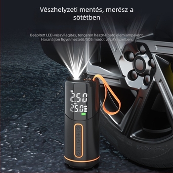 Vezeték nélküli elektromos levegőpumpa autóhoz és kerékpárhoz, USB töltés, 100W, digitális nyomásmérő, 30 L/min infláció