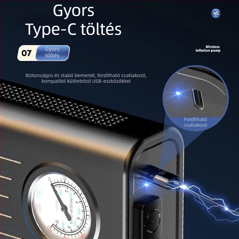 Vezeték nélküli, újratölthető kettős hengerrendszerű légpumpa autókhoz, motorkerékpárokhoz és kerékpárokhoz — 180W, 36V, 35 L/min, nyomásmérő, több mint 20 perc működés