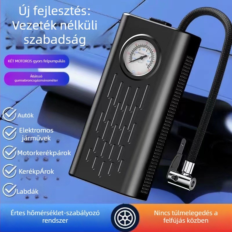 Vezeték nélküli, újratölthető kettős hengerrendszerű légpumpa autókhoz, motorkerékpárokhoz és kerékpárokhoz — 180W, 36V, 35 L/min, nyomásmérő, több mint 20 perc működés