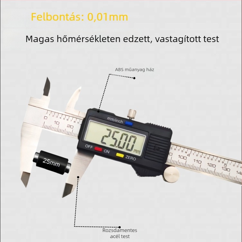 Digitális tolómérő rozsdamentes acélból, digitális kijelző, magas pontosságú vastagságmérés, ipari és otthoni használat