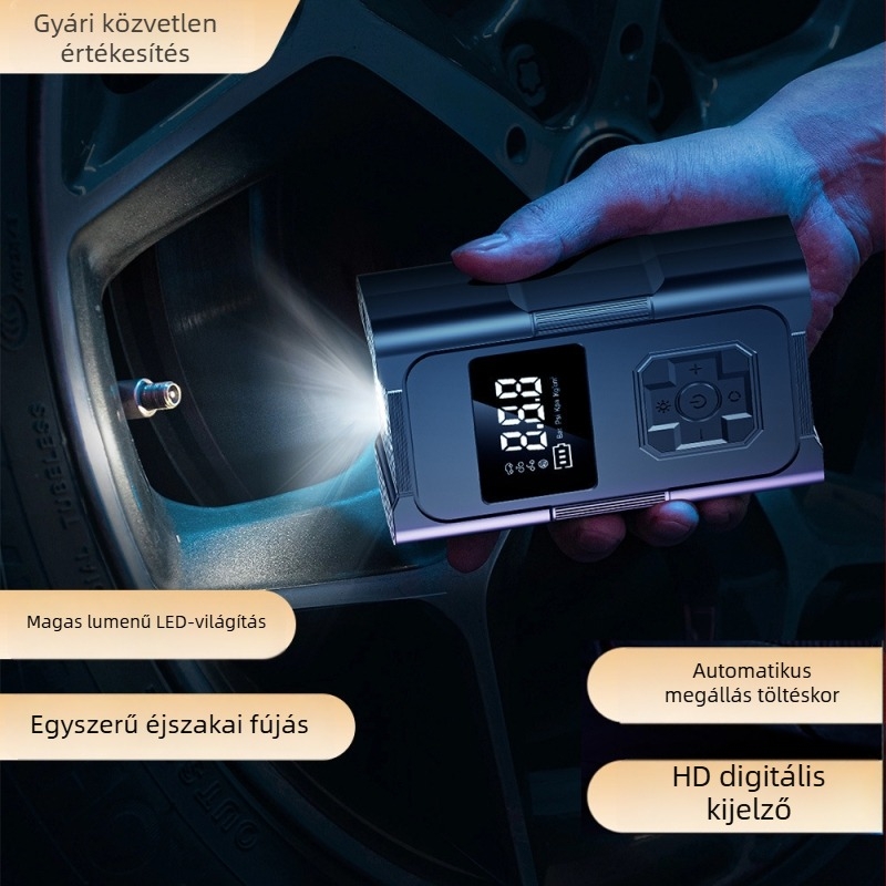 Járműre szerelhető elektromos levegőpumpa digitális kijelzővel, 12V, 120W, 35 L/min, USB-C töltés