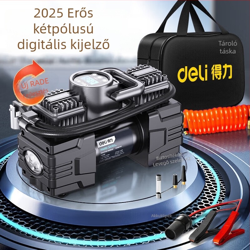 Autó gumipumpa, kettős hengeres, 12V, 120W, világítással és manométerrel