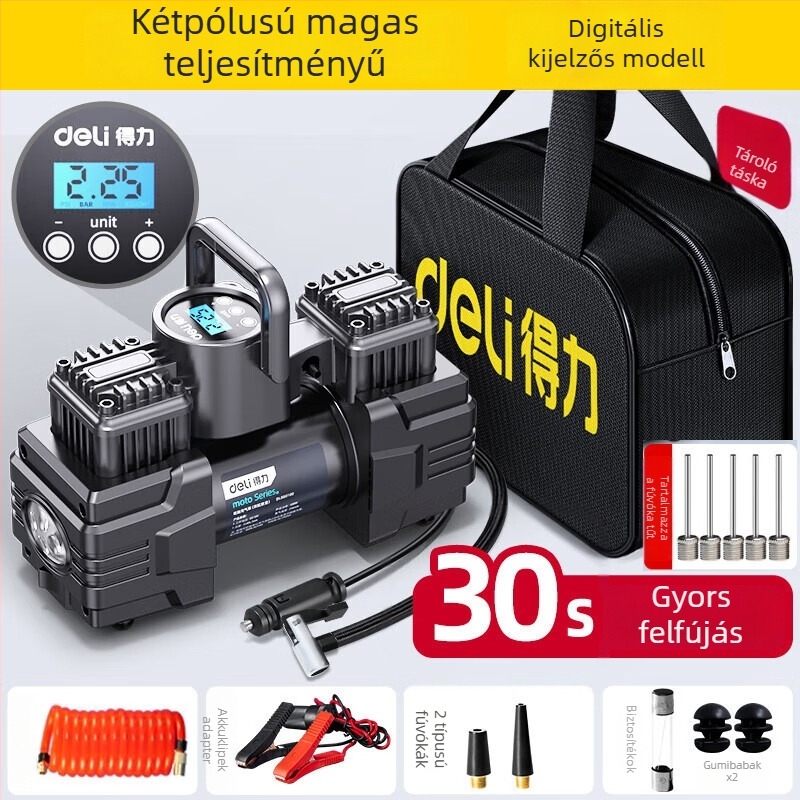 Autó gumipumpa, kettős hengeres, 12V, 120W, világítással és manométerrel
