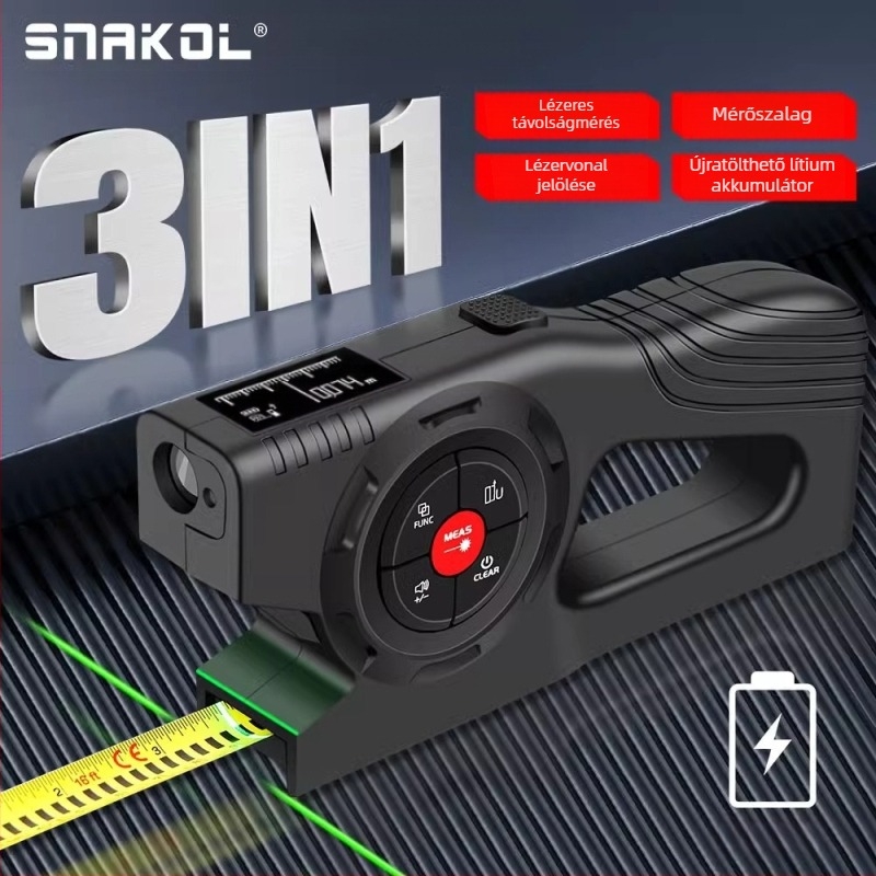 SK-TM03 lézeres távolságmérő – 3 az 1-ben intelligens digitális mérőeszköz, digitális kijelzővel, újratölthető