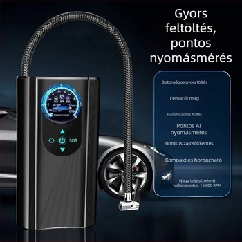 Hordozható vezeték nélküli nagynyomású légpumpa autókhoz, motorkerékpárokhoz és elektromos kerékpárokhoz - 120W, digitális kijelző, többhengeres, figyelmeztető fény