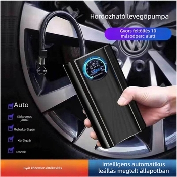 Hordozható vezeték nélküli nagynyomású légpumpa autókhoz, motorkerékpárokhoz és elektromos kerékpárokhoz - 120W, digitális kijelző, többhengeres, figyelmeztető fény