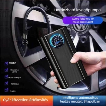Hordozható vezeték nélküli nagynyomású légpumpa autókhoz, motorkerékpárokhoz és elektromos kerékpárokhoz - 120W, digitális kijelző, többhengeres, figyelmeztető fény