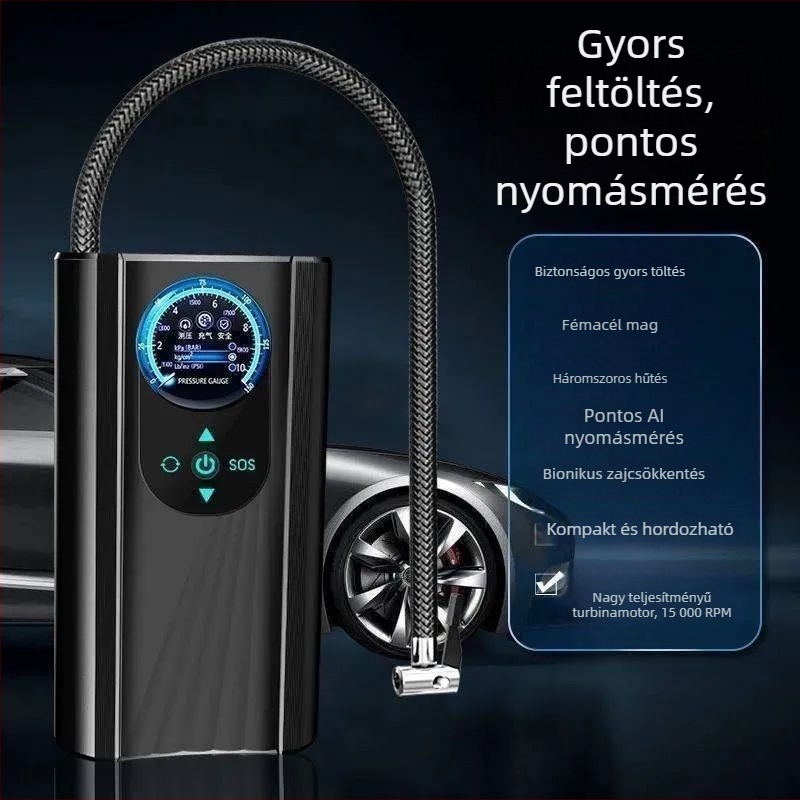 Hordozható vezeték nélküli nagynyomású légpumpa autókhoz, motorkerékpárokhoz és elektromos kerékpárokhoz - 120W, digitális kijelző, többhengeres, figyelmeztető fény