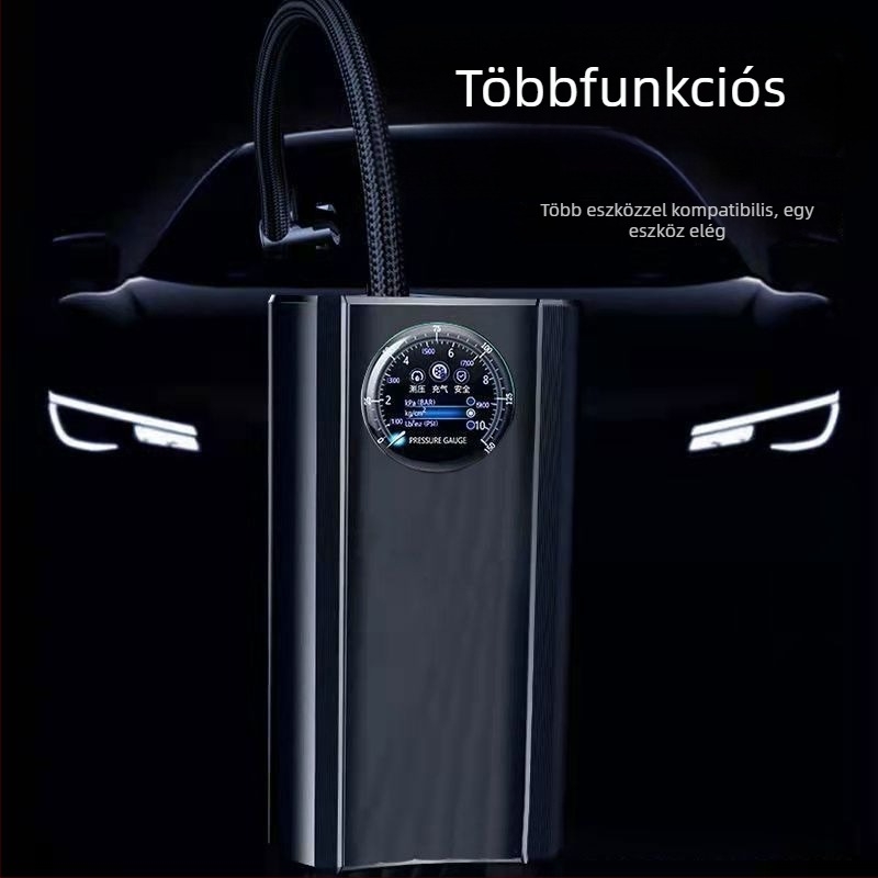 Hordozható vezeték nélküli nagynyomású légpumpa autókhoz, motorkerékpárokhoz és elektromos kerékpárokhoz - 120W, digitális kijelző, többhengeres, figyelmeztető fény