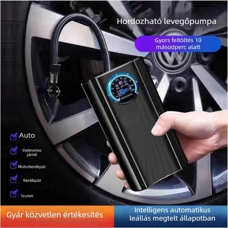 Hordozható vezeték nélküli nagynyomású légpumpa autókhoz, motorkerékpárokhoz és elektromos kerékpárokhoz - 120W, digitális kijelző, többhengeres, figyelmeztető fény