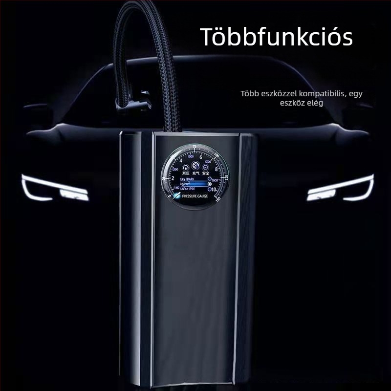 Hordozható vezeték nélküli nagynyomású légpumpa autókhoz, motorkerékpárokhoz és elektromos kerékpárokhoz - 120W, digitális kijelző, többhengeres, figyelmeztető fény