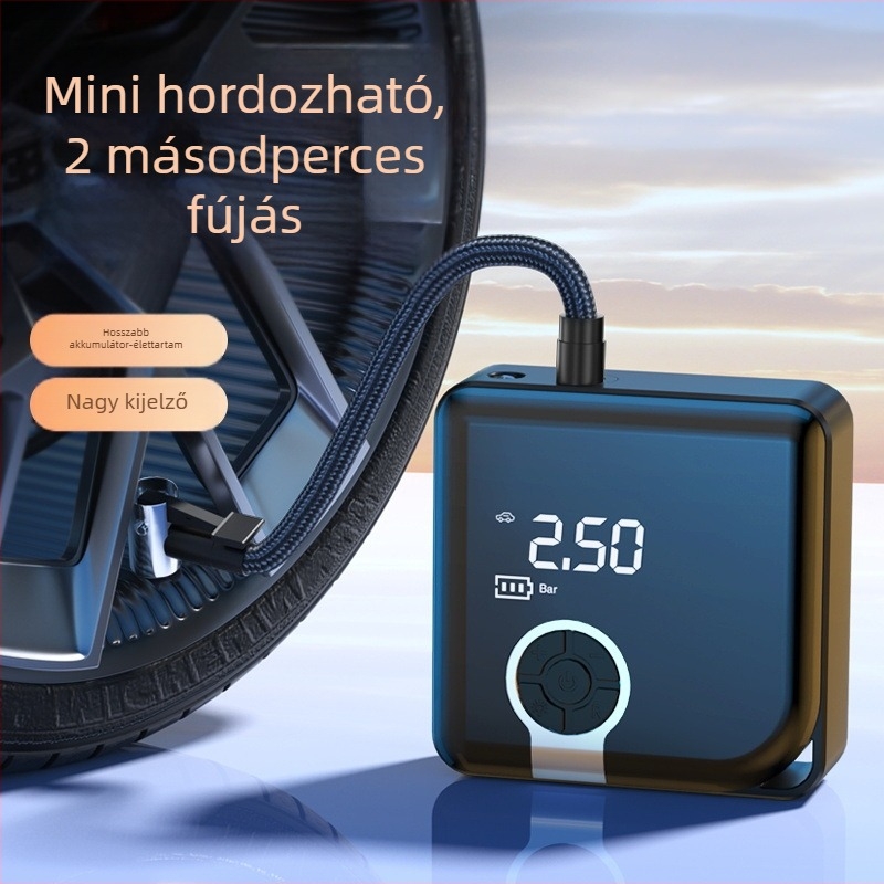 Hordozható autógumi pumpa digitális kijelzővel, USB tápegység, 160W, 1 m kábel, 0,3 m tömlő