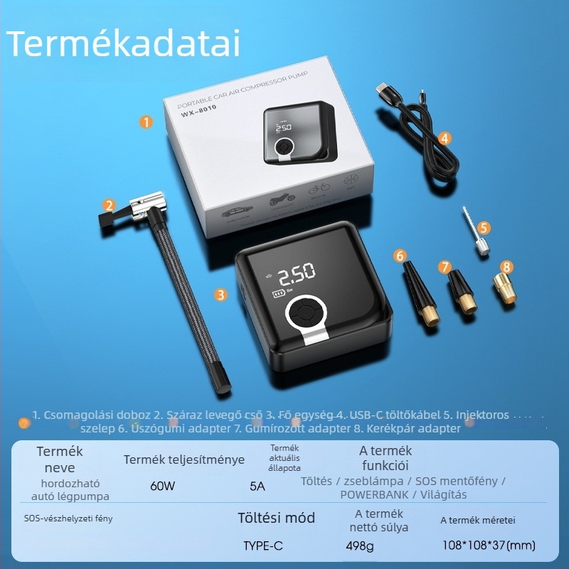 Hordozható autógumi pumpa digitális kijelzővel, USB tápegység, 160W, 1 m kábel, 0,3 m tömlő