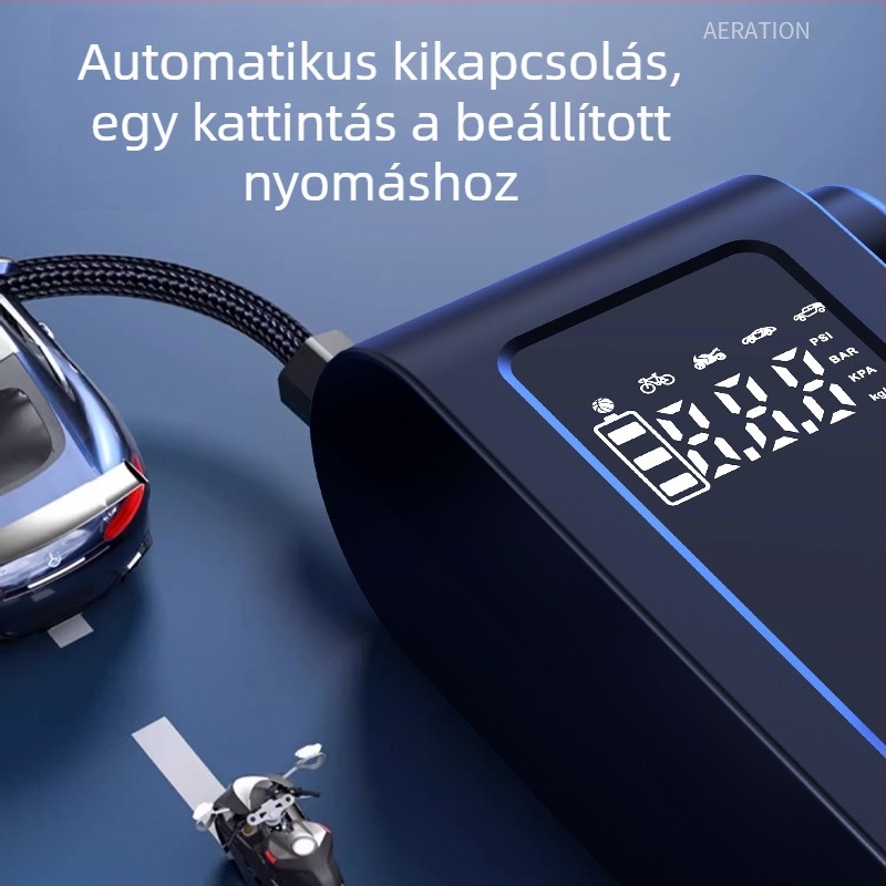 Autós inflátor beépített Power Bankkal, két vagy több hengerrel, 100W, 14.8V, levegőáram 35 L/min, rendkívül gyors felfújás