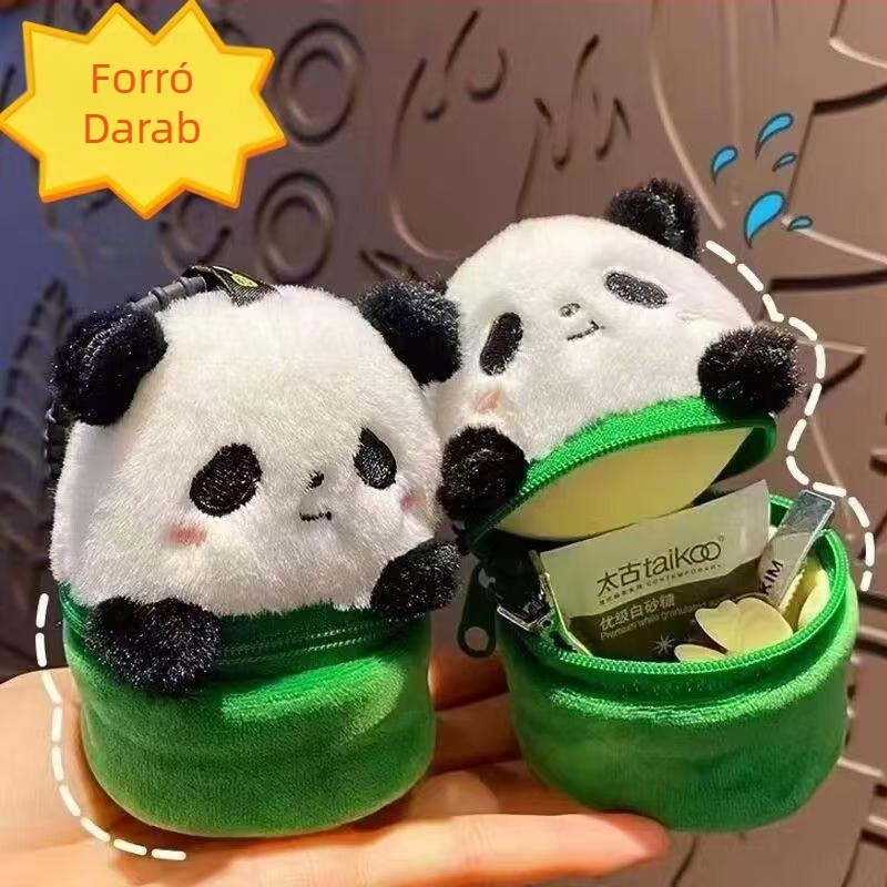Panda-stílusú plüssfigura rövid plüss, PP-gyapot töltet, többfunkciós kulcstartó és aprópénztárca – 7–14 évesek számára megfelelő.