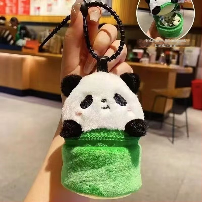 Panda-stílusú plüssfigura rövid plüss, PP-gyapot töltet, többfunkciós kulcstartó és aprópénztárca – 7–14 évesek számára megfelelő.