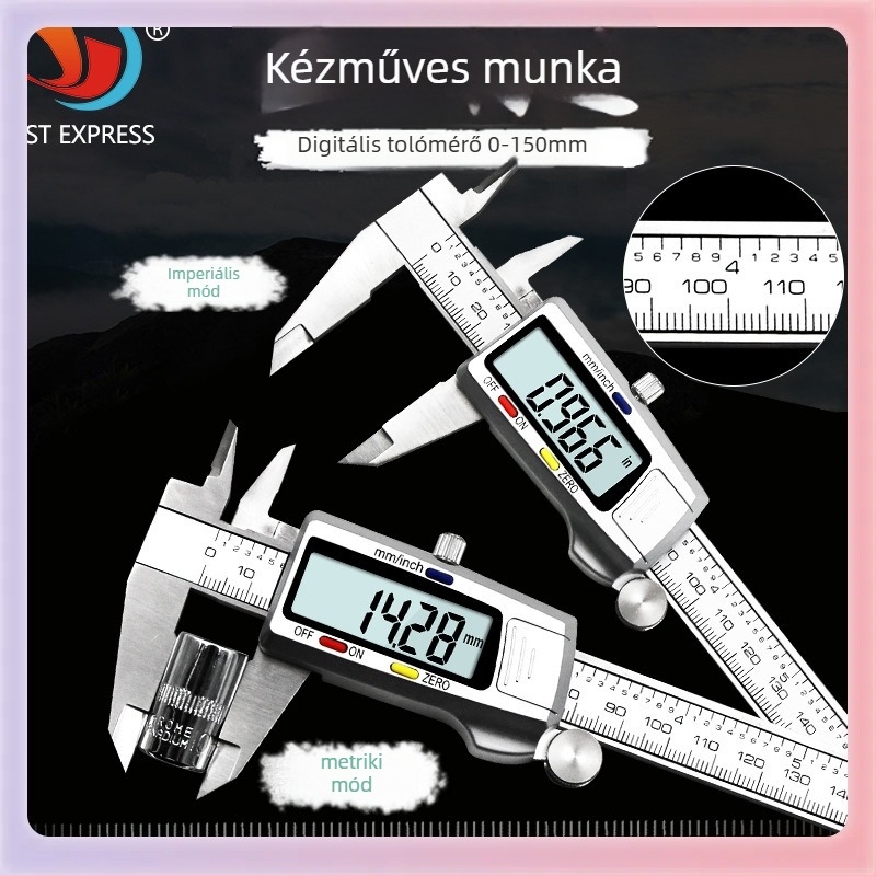 Digitális tolómérő rozsdamentes acélból, elektronikus kijelzővel, belső és külső átmérő mérésére