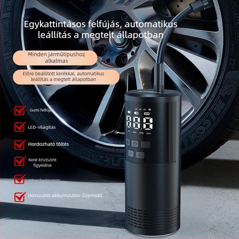 Hordozható gumiabroncs-inflátor autókhoz, motorosokhoz, kerékpárokhoz és elektromos járművekhez – digitális kijelző, 7,4V, 18650 akkumulátor, 80W, 25 L/min