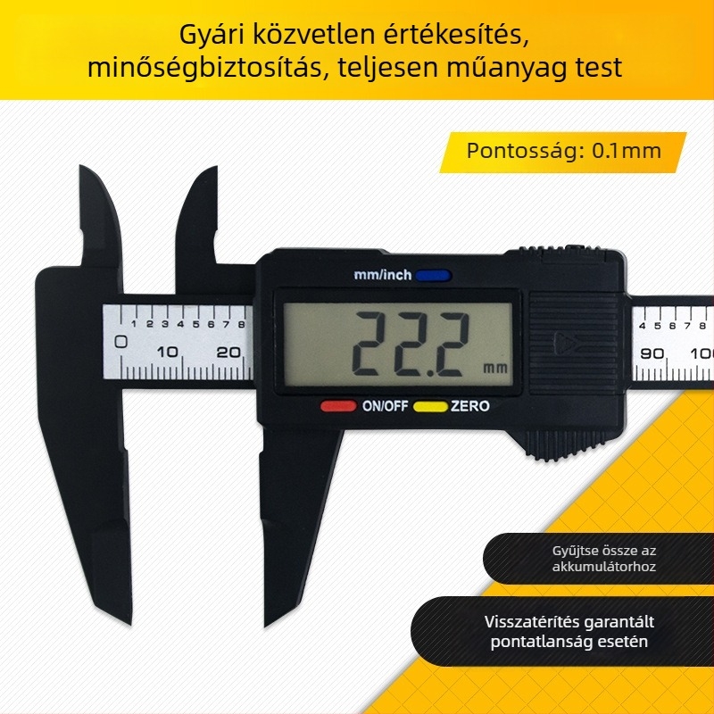 Műanyag szénszálas digitális tolómérő, kijelzővel, nagy pontosság, 0–150 mm, háztartási használatra