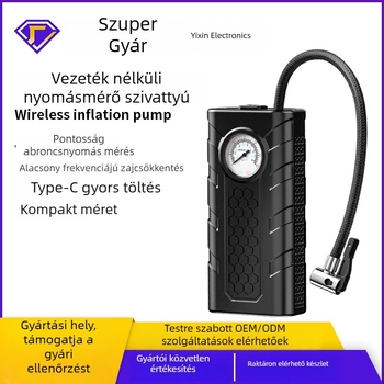 Hordozható autógumi pumpa, 12V, 80W, újratölthető, ABS ház, 25 L/min áramlás