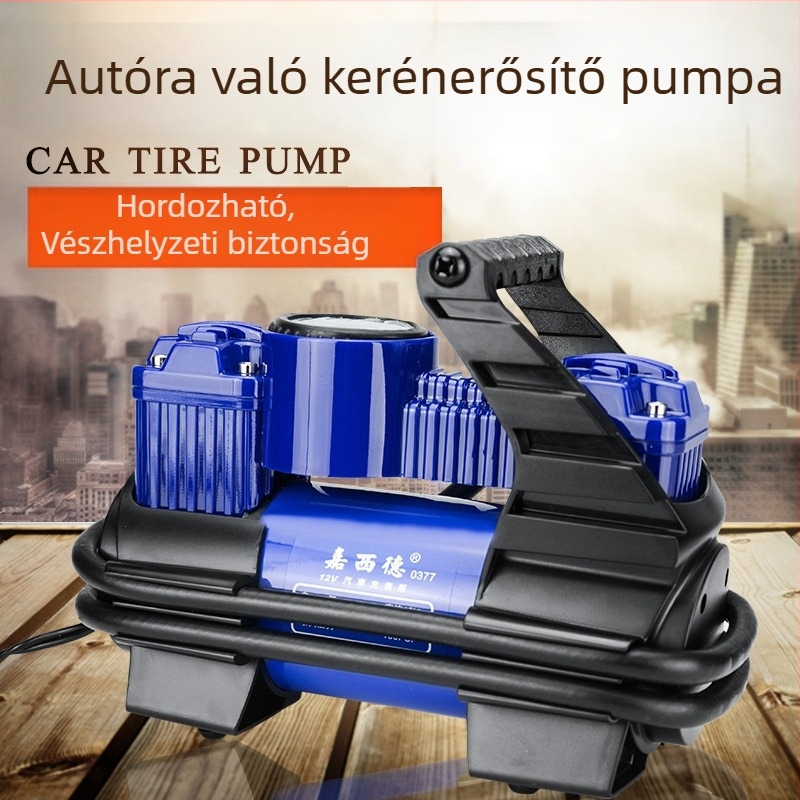 Kéthengeres 12V-os autógumi fújó, 125 cm tömlővel, 200W, 50 L/min