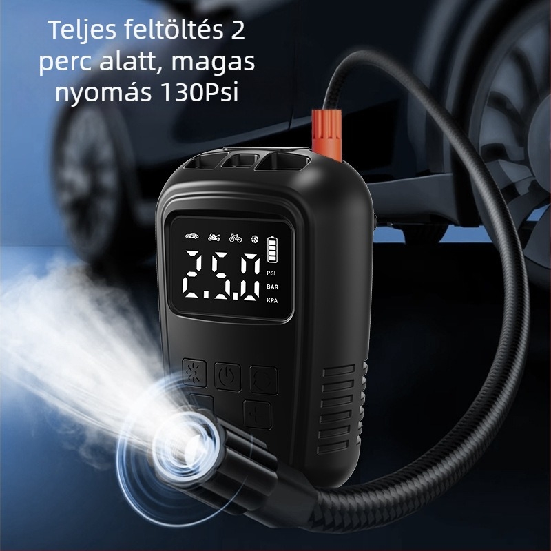 Hordozható autó légpumpa USB töltéssel, 220 W, 30 L/perc, 110-220 V, 5–20 perc működési idő, 690 g