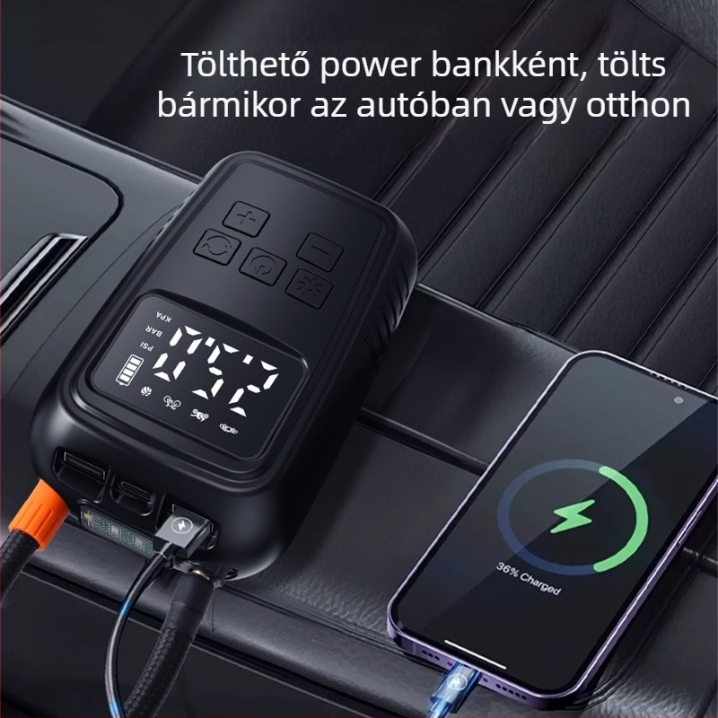 Hordozható autó légpumpa USB töltéssel, 220 W, 30 L/perc, 110-220 V, 5–20 perc működési idő, 690 g