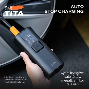 TITA Autóhoz vezeték nélküli levegőpumpa — hordozható, digitális kijelzővel, 120W, 5V/2A, 45 L/min, egyhengeres