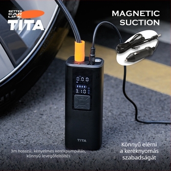 TITA Autóhoz vezeték nélküli levegőpumpa — hordozható, digitális kijelzővel, 120W, 5V/2A, 45 L/min, egyhengeres